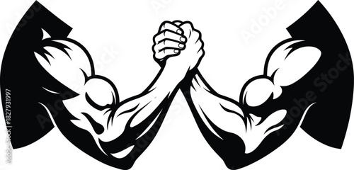 A dynamic vector illustration depicting a competitive arm wrestling match between two strong muscular arms, symbolizing rivalry, strength, challenge, partnership, and power competition concepts.