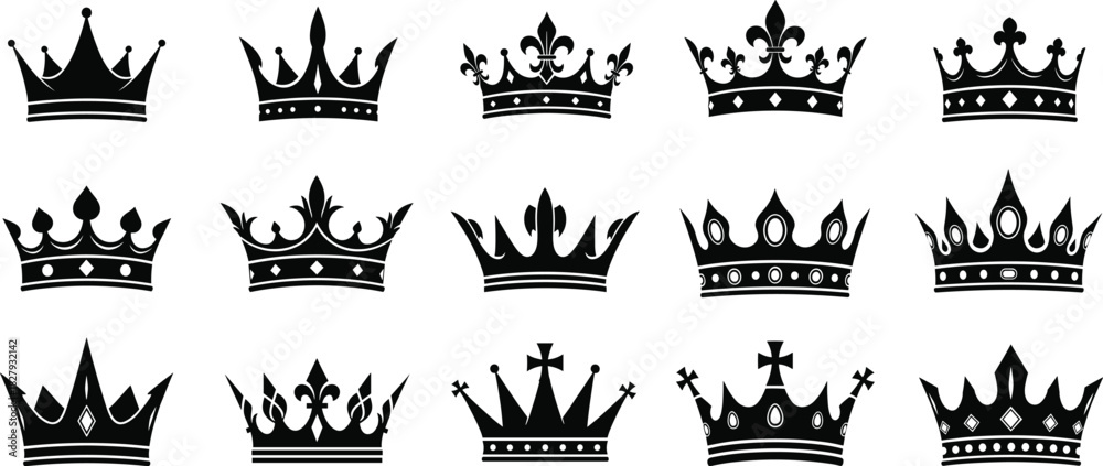 Obraz premium A comprehensive vector collection featuring various regal black crown silhouettes, symbolizing monarchy, royalty, power, and classic heraldry design for graphic elements and logos.