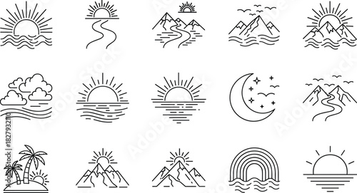 A modern vector collection featuring black line art icons of outdoor elements, including mountains, winding rivers, the ocean, various sun positions, and tranquil tropical island scenes.
