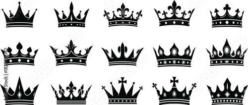 A comprehensive vector collection featuring various regal black crown silhouettes, symbolizing monarchy, royalty, power, and classic heraldry design for graphic elements and logos.