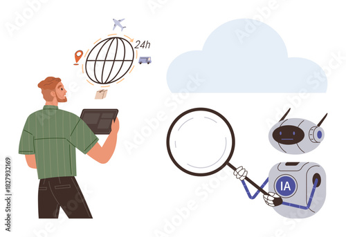 Man reviews logistics on tablet near world icons, AI robot studies data with magnifying glass near a cloud. Ideal for technology, logistics, AI applications, global connectivity, data analysis, cloud