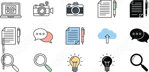 Collection of digital icons representing content creation, communication, and ideas.