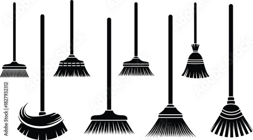 Set of different broom silhouettes, household cleaning tool vector illustration collection, janitorial equipment for sweeping floors, housework chores, and sanitation design.