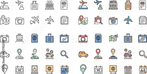 Collection of colorful travel and vacation themed icons for planning adventures