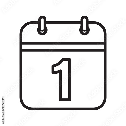 Minimalist Calendar Icon. Black and white page with number one representing the first day, new date beginning, or schedule planning. Simple vector.