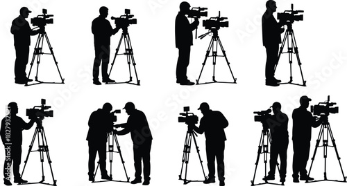 Silhouette set of cameramen recording with tripods, videographer vector illustration collection, operator filming for news, cinema, television broadcast, media production, and journalism.