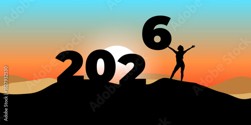 Vector illustration of woman standing with 2026 and holding 6 in hand showing the concept of 2026 start