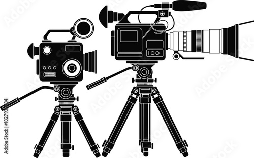 Silhouette set of professional video cameras on tripods, cinema equipment vector illustration for movie production, television broadcasting, news recording, and videography design.