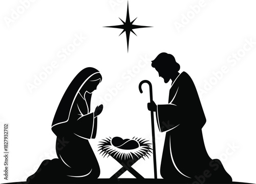 Silhouette of Holy Family with newborn baby in manger under star