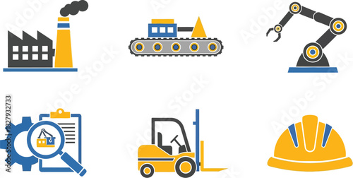 Collection of industrial and construction icons representing manufacturing, heavy machinery, and safety.