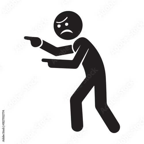 Angry Stick Figure Icon. Black silhouette of a person pointing aggressively in a confrontational pose. Vector symbol of aggression, conflict, or anger.