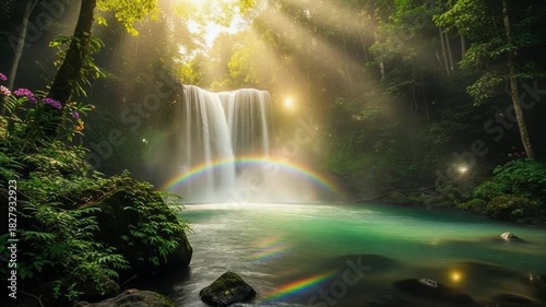 光芒と虹が輝く熱帯雨林の神秘的な滝