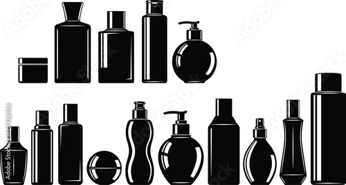 Silhouette set of cosmetic bottles, beauty product packaging vector illustration collection, perfume, shampoo, lotion dispenser, cream jar, and skincare container design.