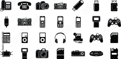 Collection of electronic device icons including cameras, retro phones, game controllers, and storage media, black technology vector silhouettes for gadget design.