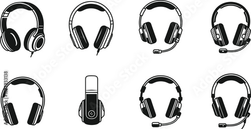 Silhouette set of headphones and gaming headsets with microphones, vector illustration collection for music listening, audio equipment, and customer support service.