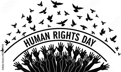Human Rights Day banner featuring silhouette of raised hands and flying doves, vector illustration for international freedom, equality, and peace celebration.