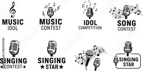 Set of singing competition logos, vintage microphone icons with music notes, vector badges for karaoke contest, talent show, and musical performance event.