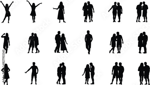 Silhouette set of happy couples and individuals standing, walking, and hugging, casual summer wear vector illustration for relationship, dating, and lifestyle design.