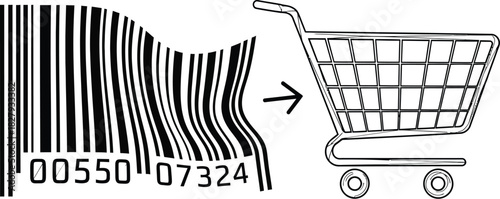 Barcode transforms into shopping cart, symbolizing product purchase and commerce