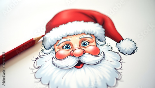 portrait of Santa Claus drawn in pencil on white paper