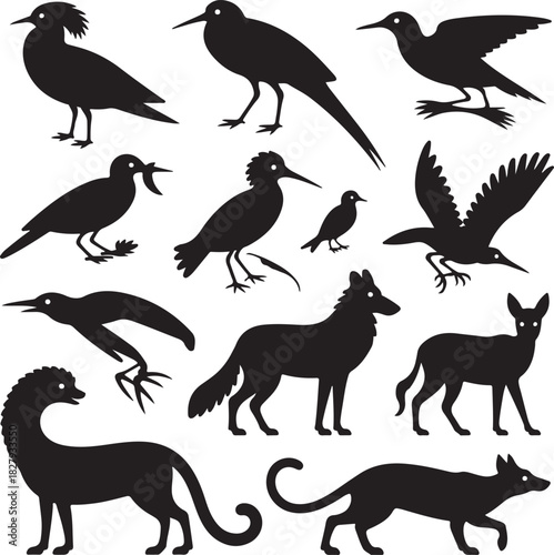 Black animal silhouettes illustration vector image collection of birds and canids