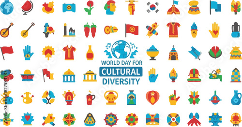 A vibrant collage of global icons celebrates cultural diversity and unity
