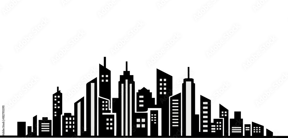 Fototapeta premium Skyscrapers silhouette vector. White background with ample copy-space above.