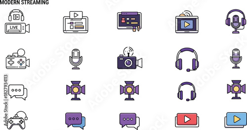 Modern streaming icons for broadcasting and content creation