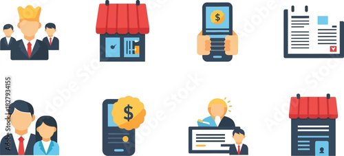 Collection of business and finance icons representing teamwork, retail, mobile payments, and planning.