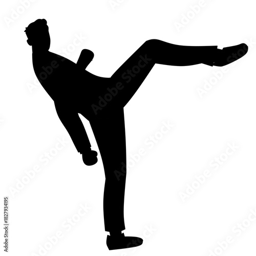 Martial Arts Man Silhouette in Front Kick Pose for Action Design