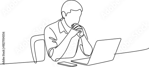 Continuous line drawing of a focused person at a desk, contemplating a task with hands clasped, working on a laptop and mobile phone. Vector, illustration