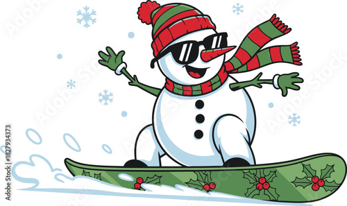 A cartoon snowman with sunglasses snowboarding and wearing a scarf and hat in a winter scene