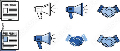 Icons representing press release, announcement, and agreement for communication and partnership.