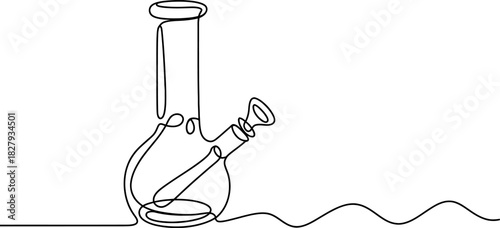 Continuous line art drawing of a bong, an artistic representation of a water pipe typically used for smoking cannabis, featuring a minimalist aesthetic. Vector, illustration