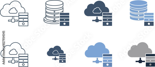 Digital cloud and server icons symbolizing data storage and network connection
