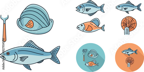 Collection of stylized seafood illustrations including fish, oysters, and tools