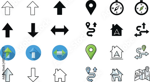 Collection of navigation and directional icons including arrows, maps, and location markers