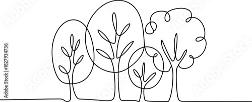 Minimalist continuous line art drawing of diverse trees in a forest scene, symbolizing nature, growth, and environmental harmony design. Vector, illustration