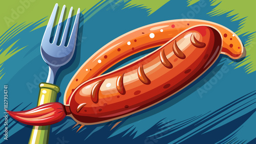 Very beautiful semi-realistic vector illustration of a sausage being pricked with a fork, showing detailed texture, gentle pressure marks, and a clean, simple presentation ideal for culinary-themed 