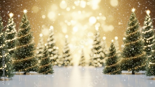 Enchanting winter forest scene with decorated christmas trees and magical golden bokeh lights illuminating falling snow