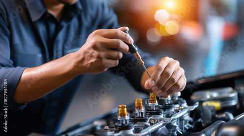 Fuel injector cleaning, automotive fuel system, technician servicing components, professional maintenance procedure, engine bay work focus, delivery system care, faceless hands wor