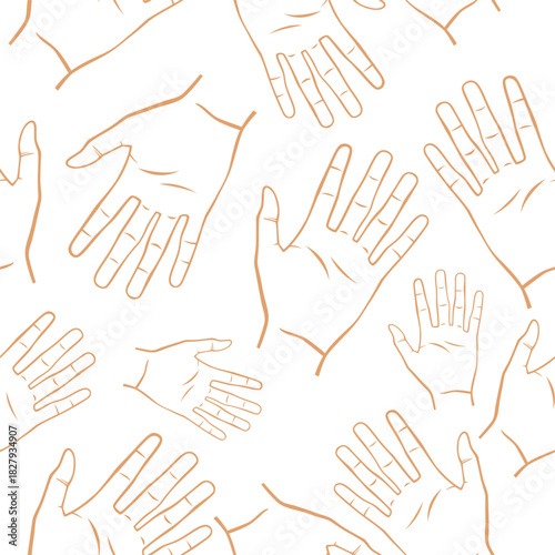 Seamless hand-drawn outline pattern featuring various open hand gestures in a simple, minimalist style