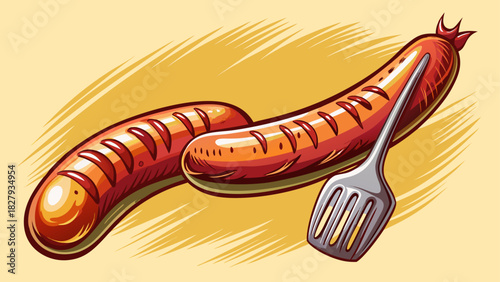 Very beautiful semi-realistic vector illustration of a sausage being pricked with a fork, showing detailed texture, gentle pressure marks, and a clean, simple presentation ideal for culinary-themed 
