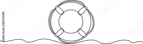 Continuous line art drawing of a lifebuoy floating on wavy water, symbolizing safety, rescue, support, maritime security, and assistance concept Vector, illustration