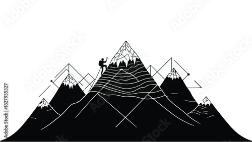 Solo climber ascends a challenging mountain peak amidst a dramatic landscape.