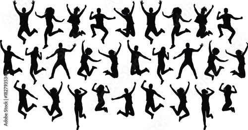 Large set of energetic male and female silhouettes jumping with joy, expressing concepts of success, freedom, celebration, victory, and collective happiness or excitement.