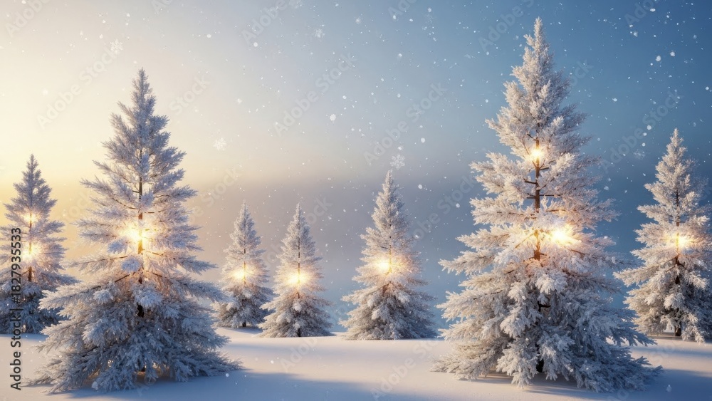 Fototapeta premium Magical winter forest scene with snow covered pine trees illuminated by soft warm lights and falling snowflakes