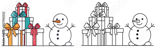 Christmas gift boxes stack and cute snowman vector illustration set in color and black and white outline design suitable for coloring book page, holiday icon, and seasonal decoration