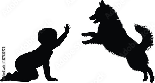 Child and dog silhouette, playful leap, pet bonding, joyful moment, black vector art, friendship scene, energetic interaction, innocence