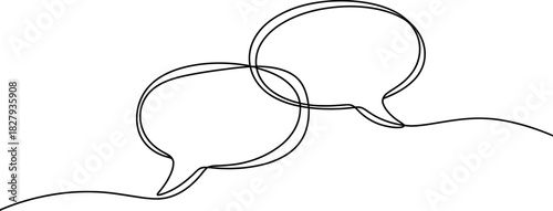 Continuous line art drawing featuring two interconnected speech bubbles, symbolizing ongoing dialogue, seamless communication, and thought exchange with a minimalist aesthetic. Vector, illustration